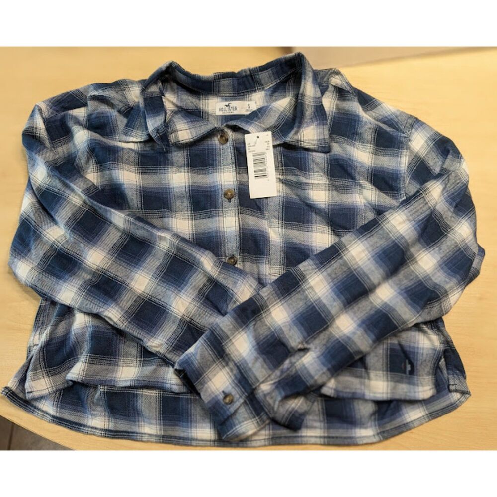 NWT Hollister Blue Plaid Cropped Button Down Shirt Women's Size Small - Picture 4 of 6